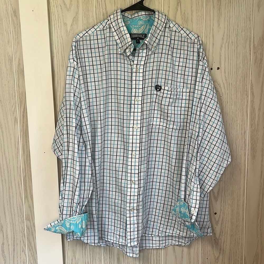 Panhandle XL long sleeve button down shirt. White with blue and black stripes
